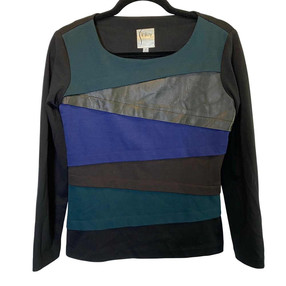 Finley Women's Size Small Patchwork Colorblock Long Sleeve Shirt Leather Strip‎